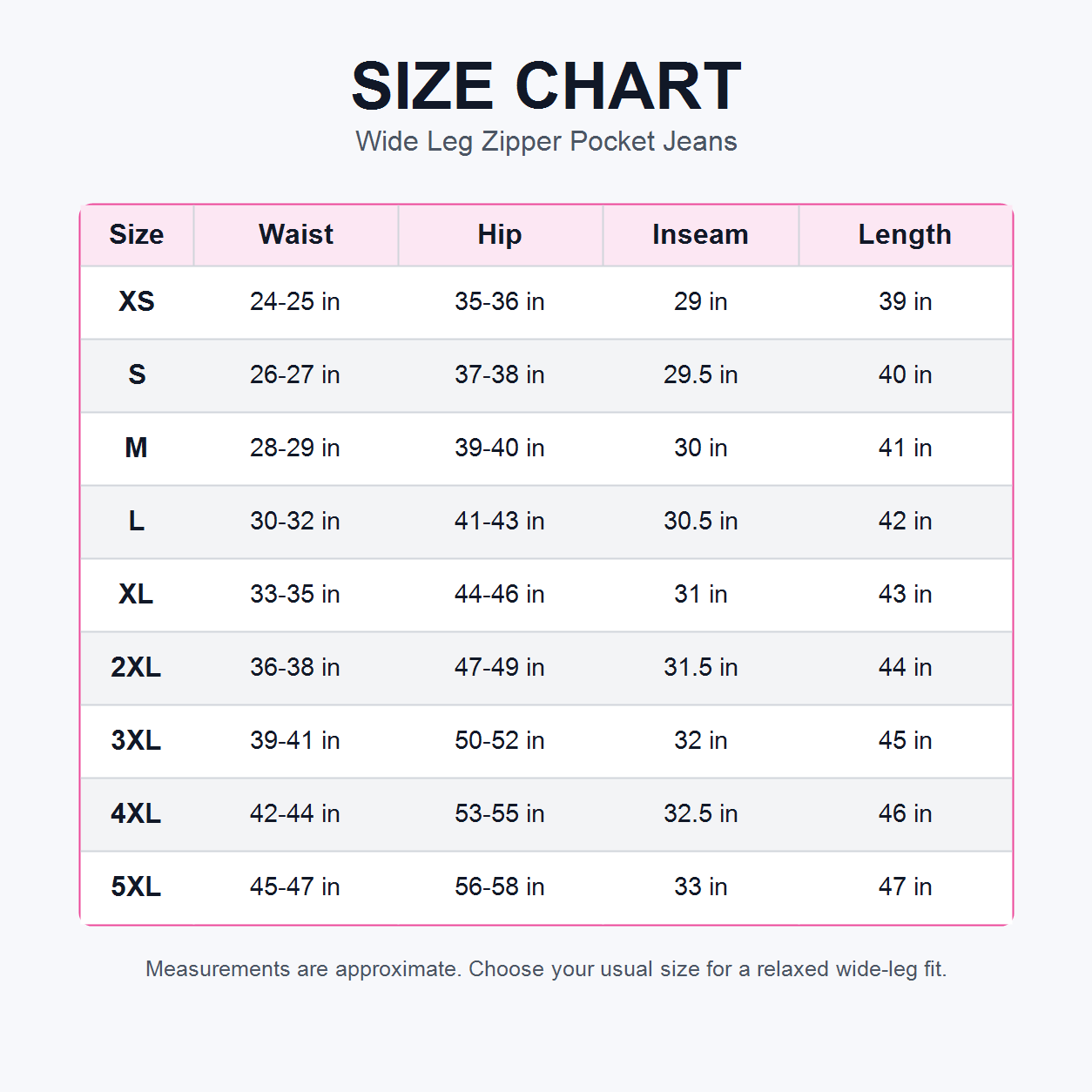 Flash Sale Flex Asymmetric Low Rise Zipper Pockets Baggy Wide Leg Washed Casual Jeans 8 Pack - size_chart