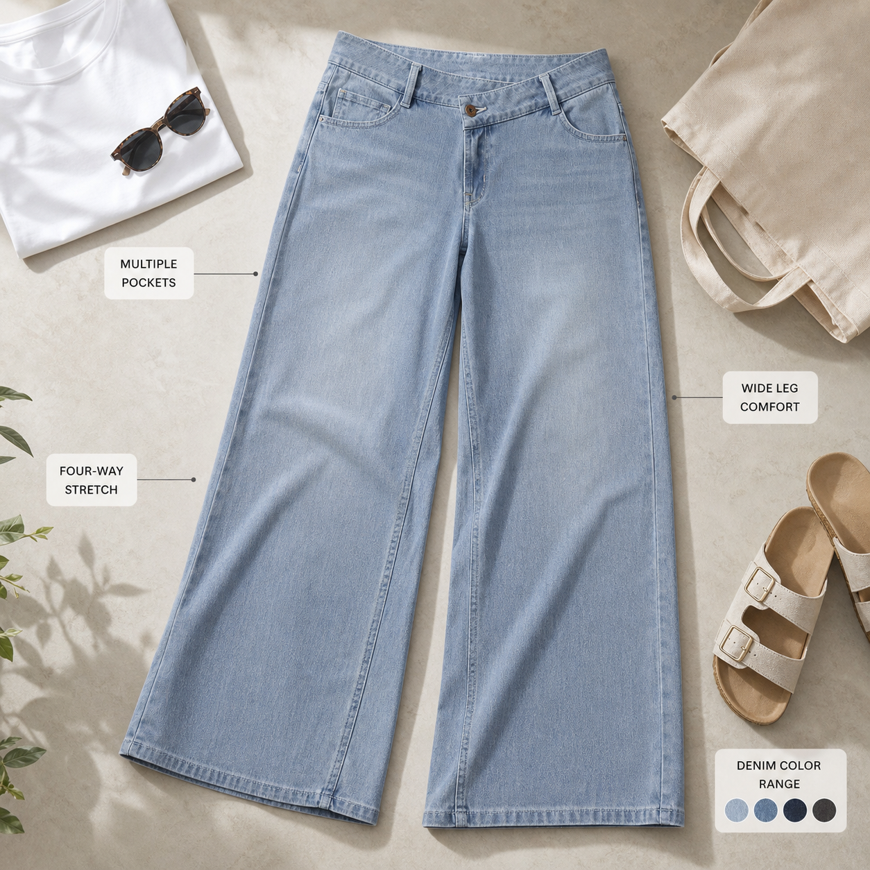 Flash Sale Flex Asymmetric Low Rise Zipper Pockets Baggy Wide Leg Washed Casual Jeans 8 Pack - model_lifestyle