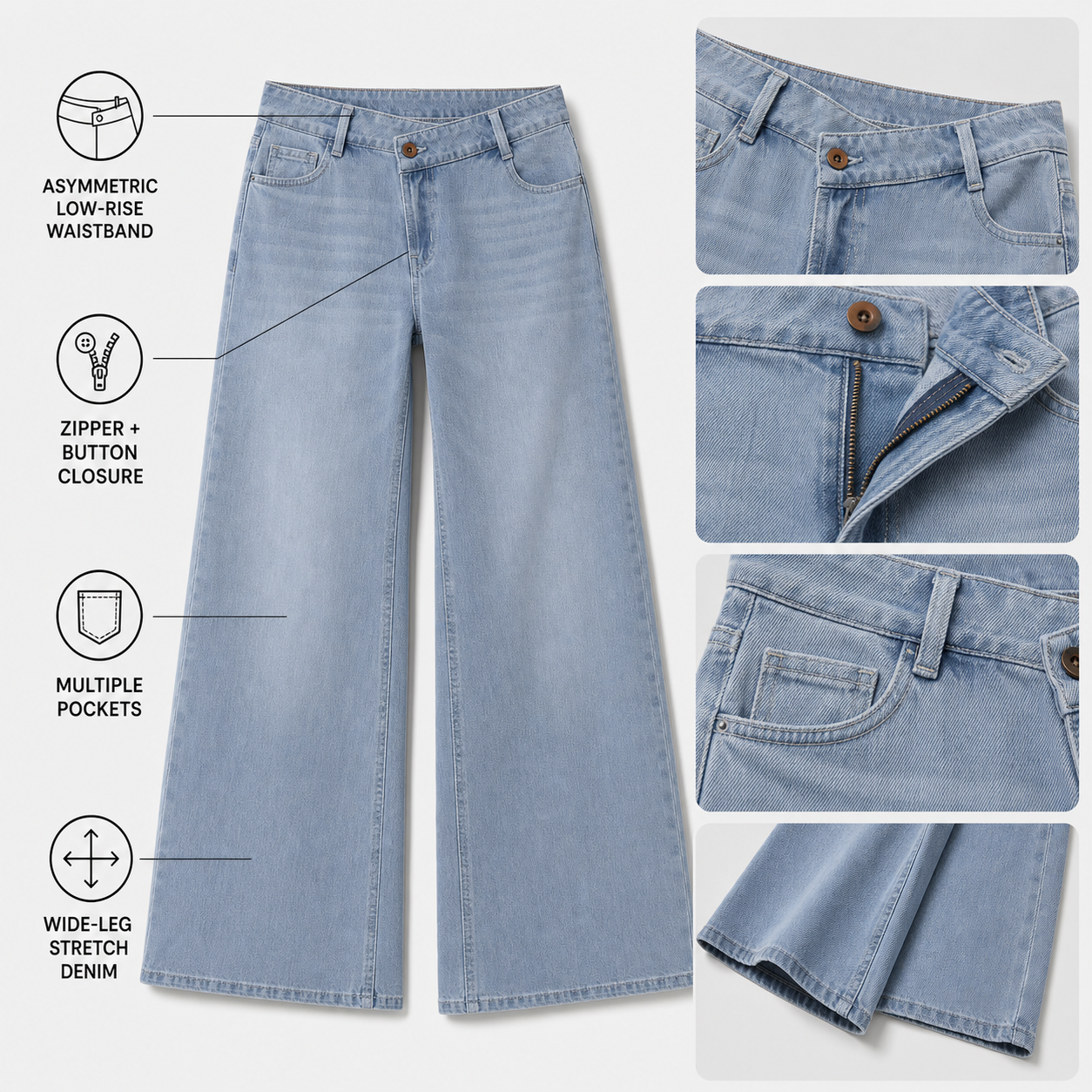 Flash Sale Flex Asymmetric Low Rise Zipper Pockets Baggy Wide Leg Washed Casual Jeans 8 Pack - material_structure_detail