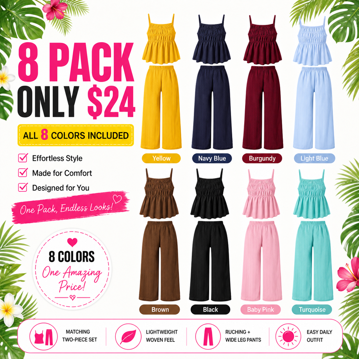 Two-Piece Cami Top and Wide Leg Pants Set for Daily Outdoor Wear 8 Pack - marketing_main_8pack