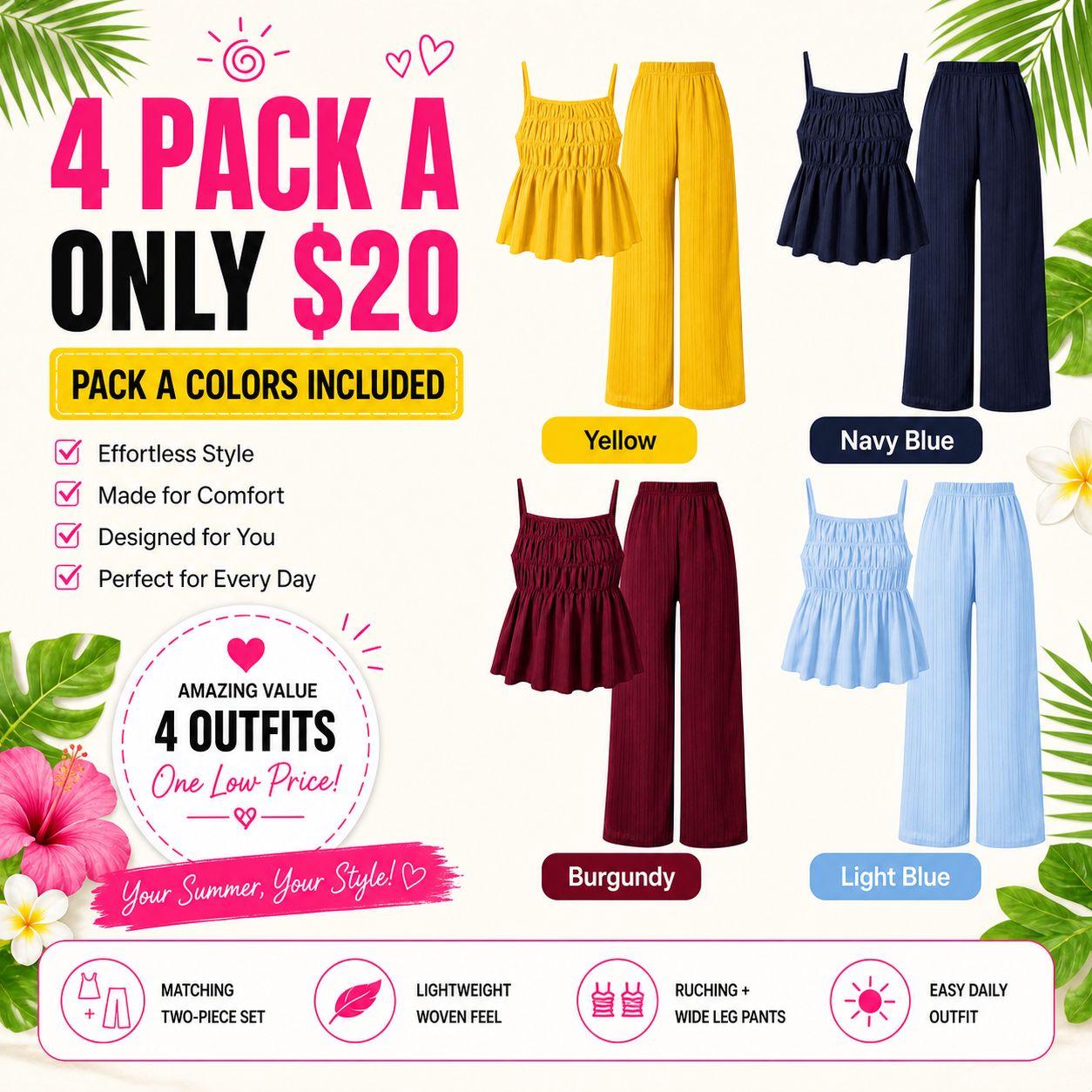 Two-Piece Cami Top and Wide Leg Pants Set for Daily Outdoor Wear 8 Pack - marketing_4pack_a