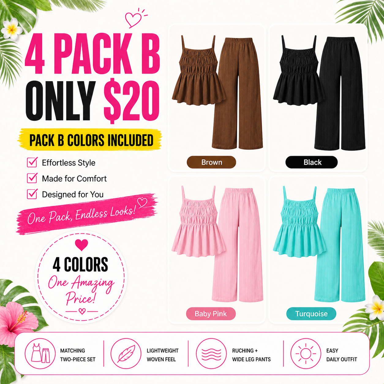 Two-Piece Cami Top and Wide Leg Pants Set for Daily Outdoor Wear 8 Pack - marketing_4pack_b