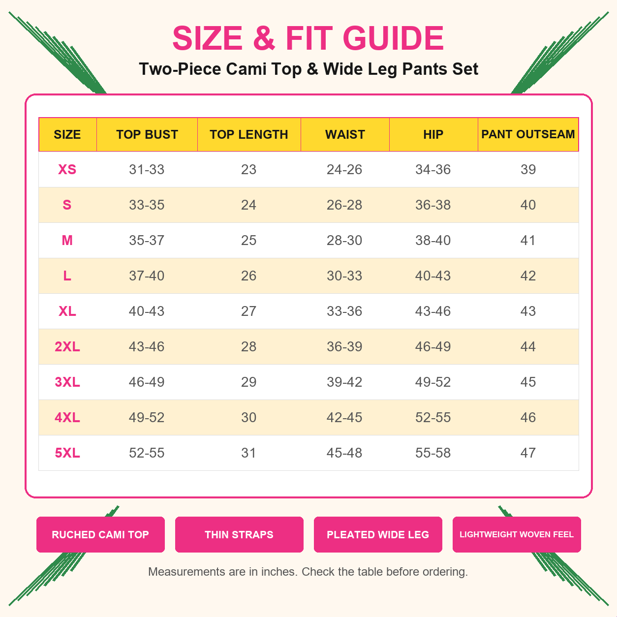 Two-Piece Cami Top and Wide Leg Pants Set for Daily Outdoor Wear 8 Pack - size_chart