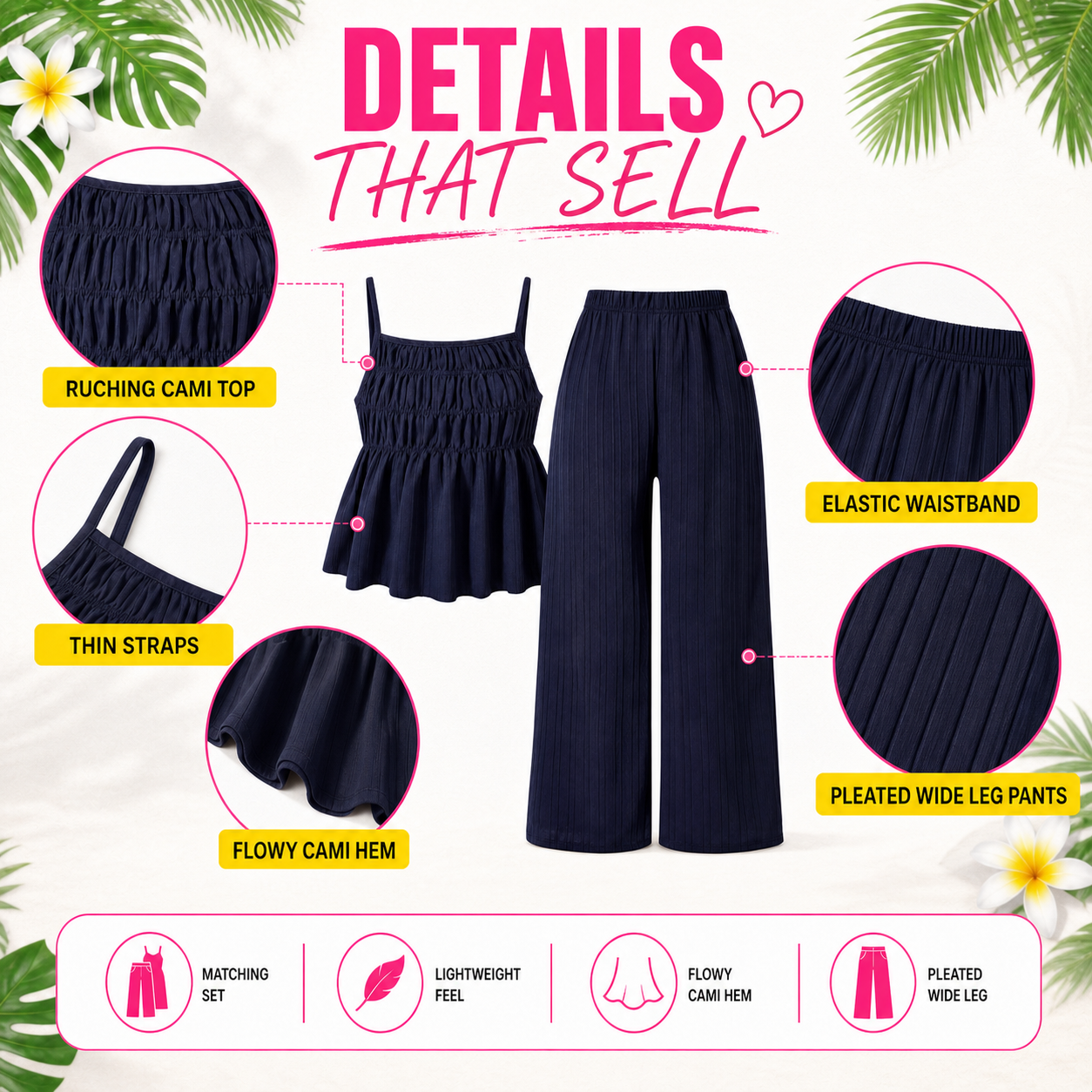 Two-Piece Cami Top and Wide Leg Pants Set for Daily Outdoor Wear 8 Pack - material_detail