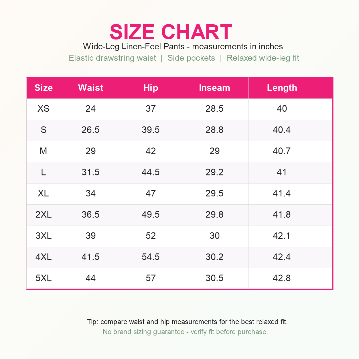 High Waisted Drawstring Pocket Wide Leg Linen-Feel Pants 8 Pack - size_chart