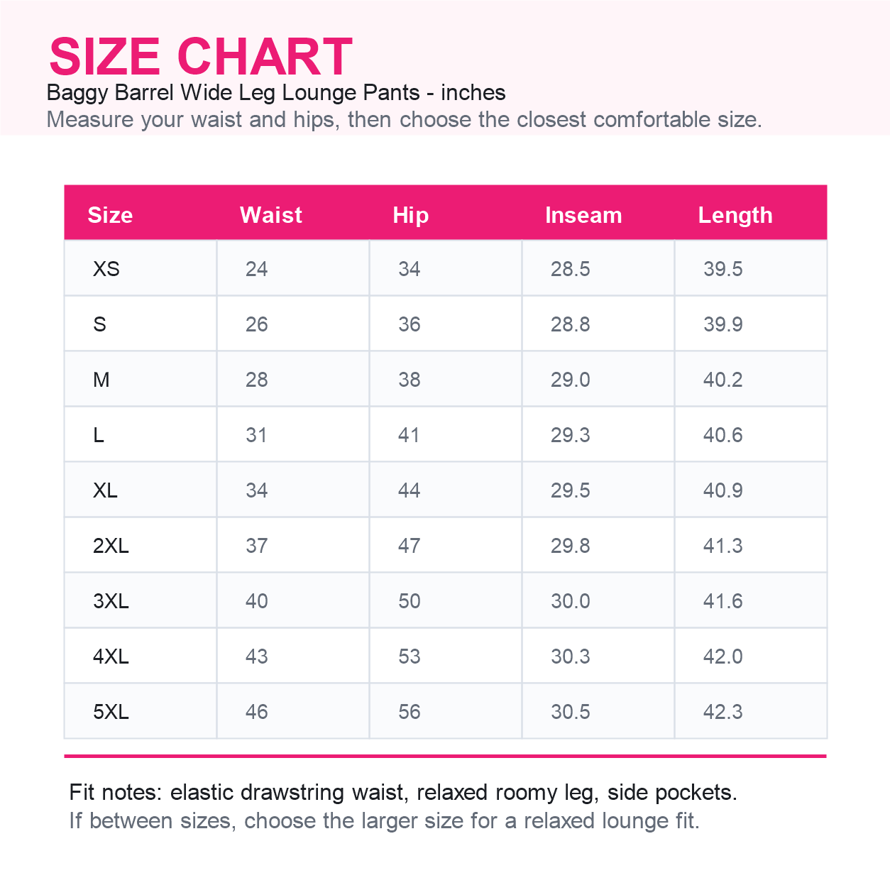 Womens Baggy Barrel Wide Leg Yoga Lounge Pants with Drawstring Waist and Pockets 8 Pack - size_chart