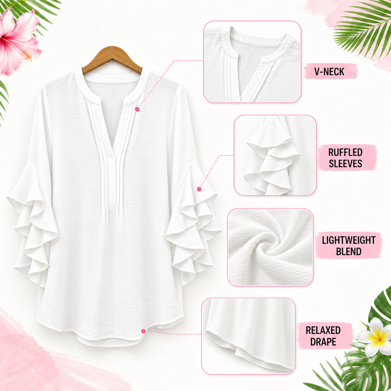 V-neck ruffled sleeve top neckline and ruffled sleeve details