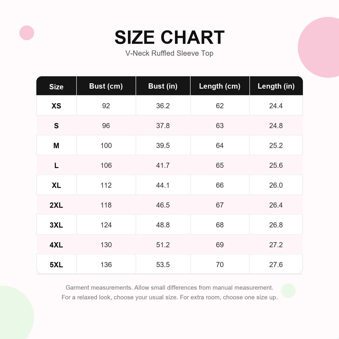V-neck ruffled sleeve top size chart XS to 5XL