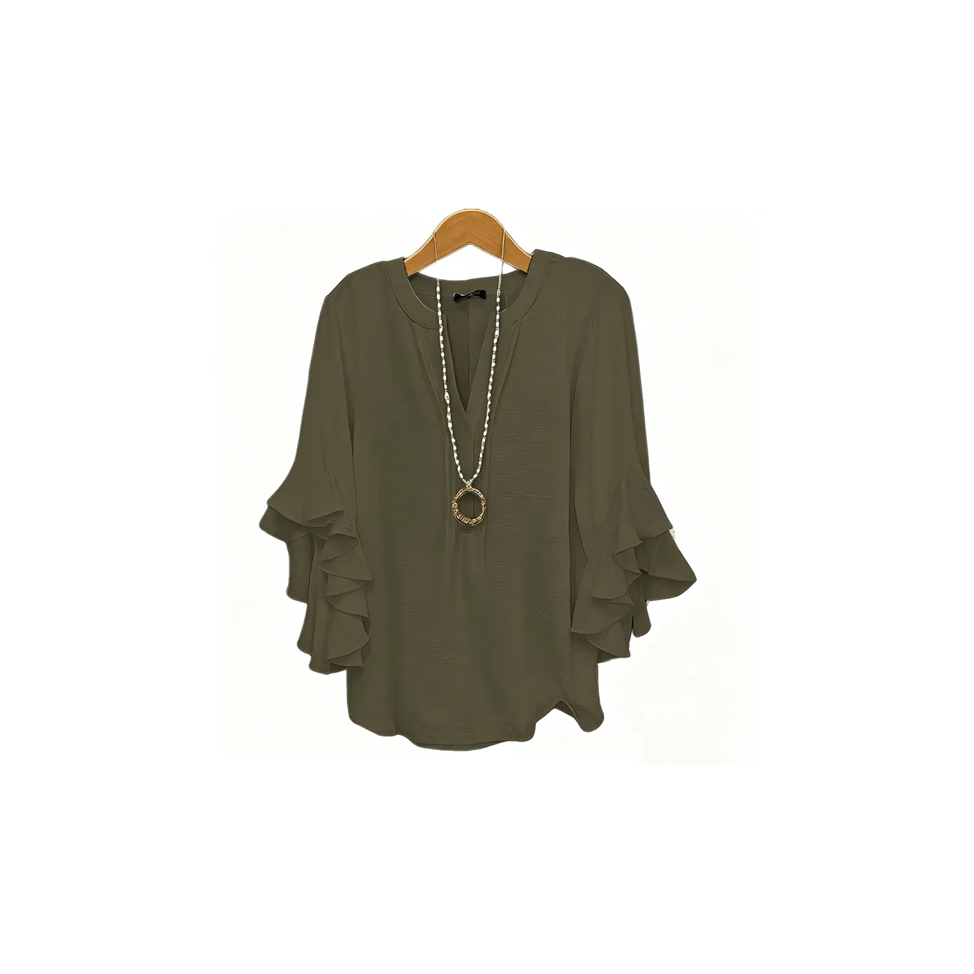 green V-neck ruffled sleeve top