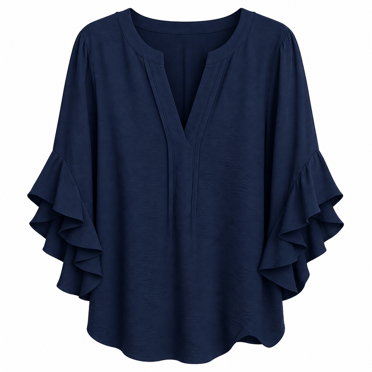 navy blue V-neck ruffled sleeve top