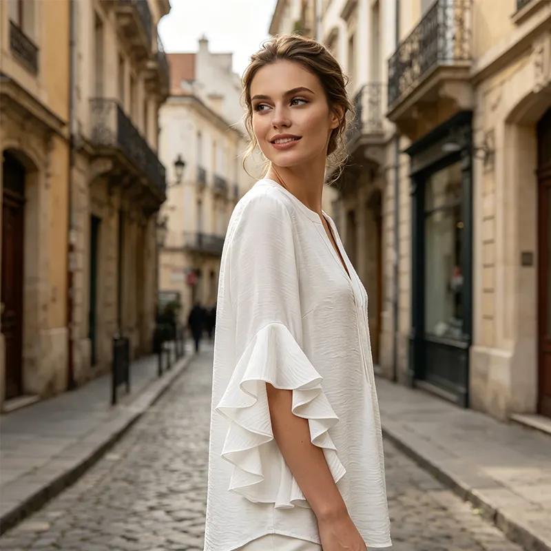 V-neck ruffled sleeve top side-view street photo