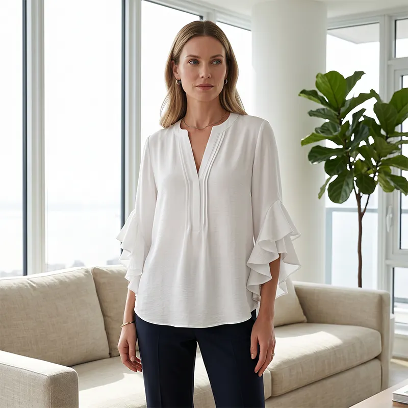 V-neck ruffled sleeve top indoor relaxed fit photo