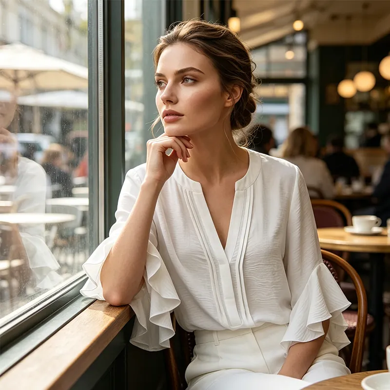 V-neck ruffled sleeve top cafe styling photo