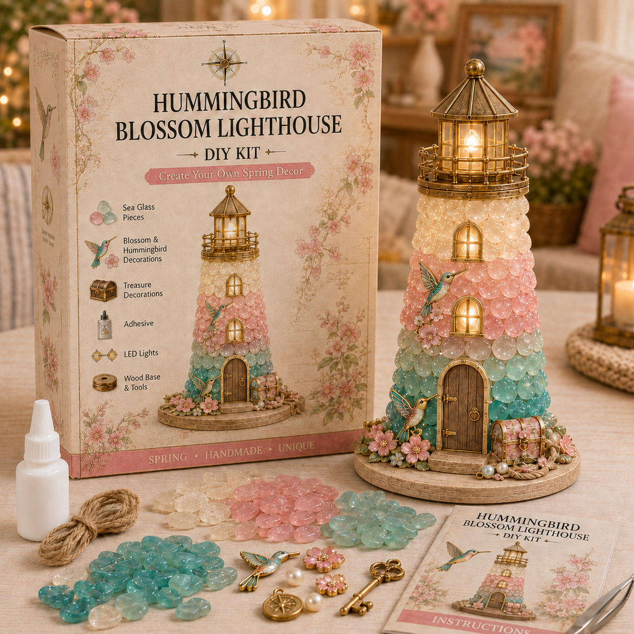 DIY Sea Glass Lighthouse Kit – Light-Up Coastal Craft & Handmade Home Decor