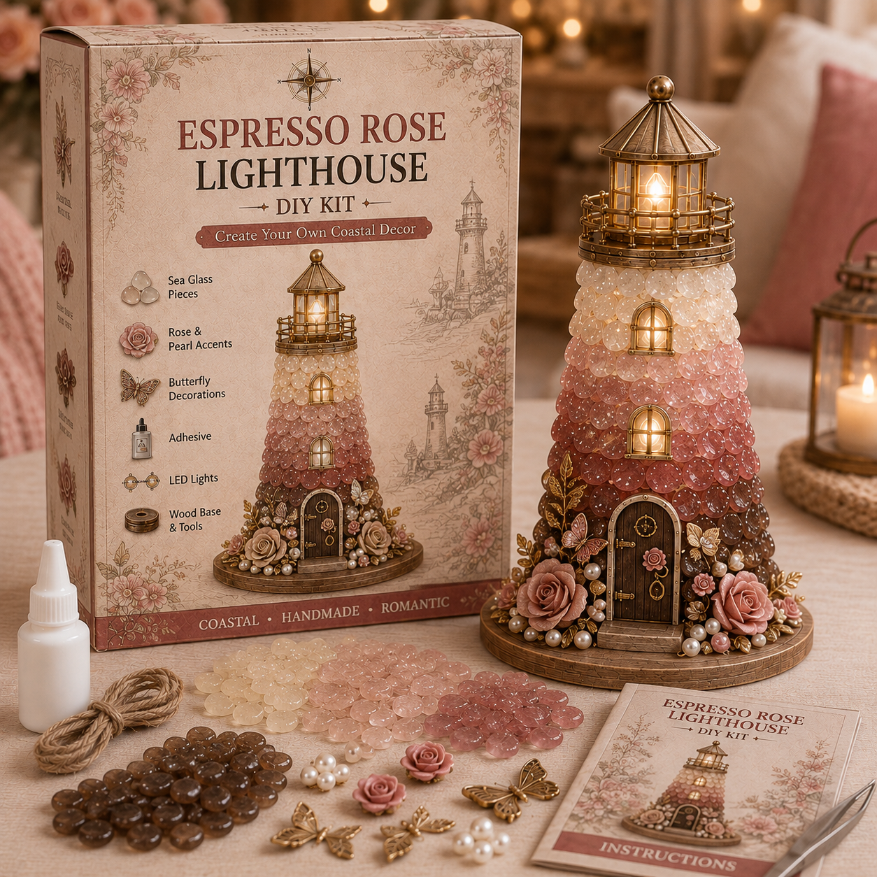 DIY Sea Glass Lighthouse Kit – Light-Up Coastal Craft & Handmade Home Decor