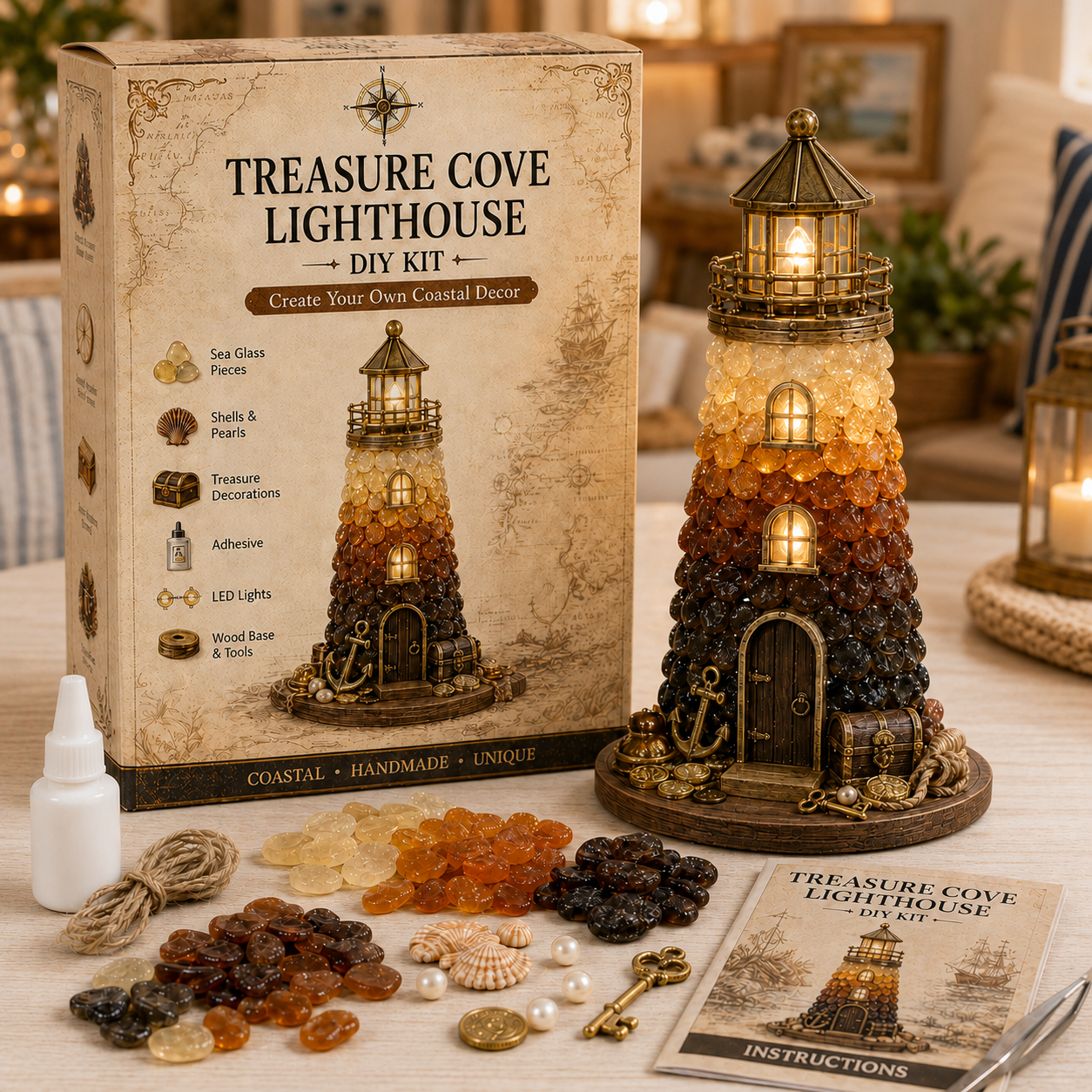 DIY Sea Glass Lighthouse Kit – Light-Up Coastal Craft & Handmade Home Decor