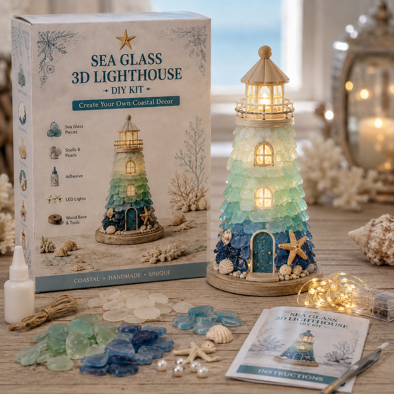 DIY Sea Glass Lighthouse Kit – Light-Up Coastal Craft & Handmade Home Decor