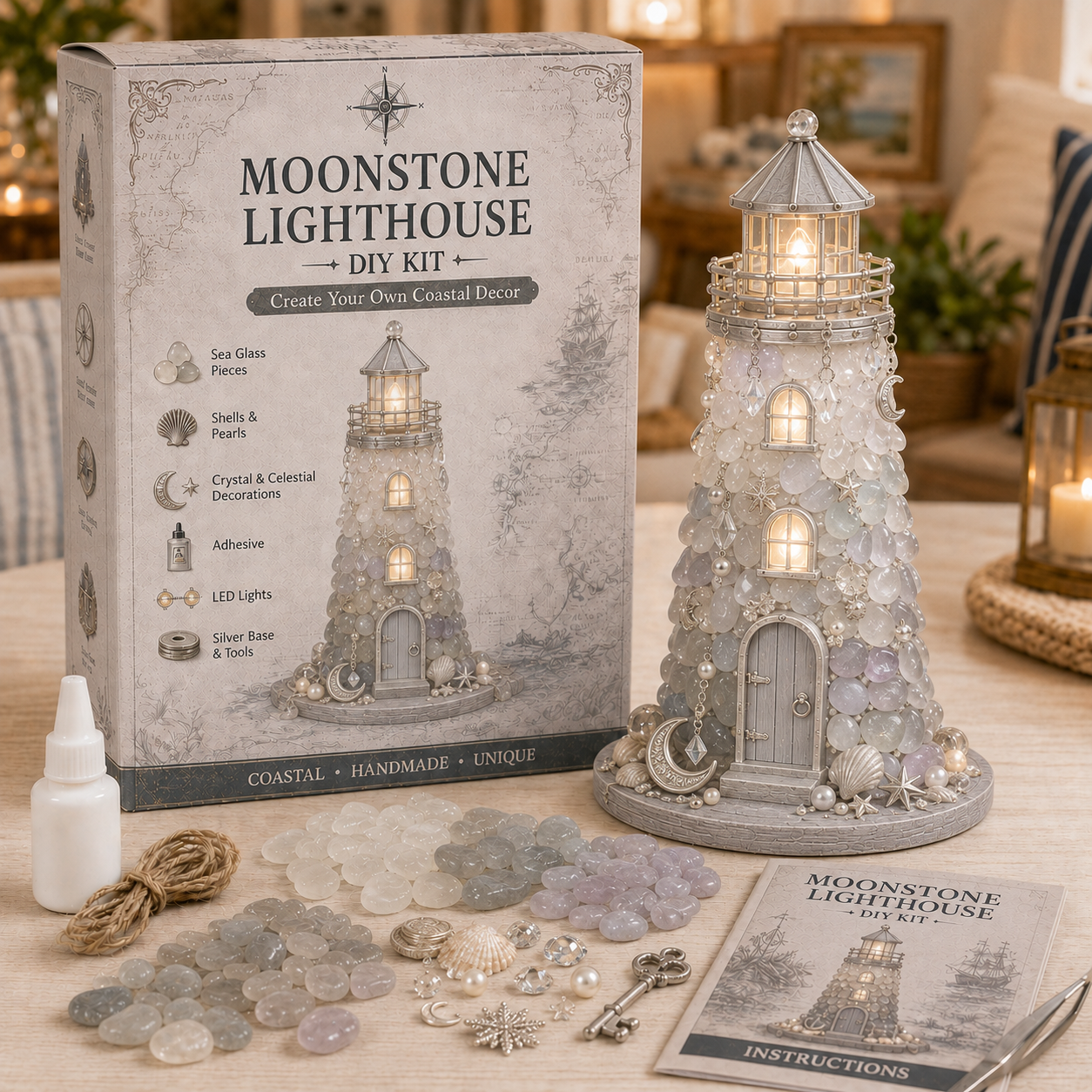 DIY Sea Glass Lighthouse Kit – Light-Up Coastal Craft & Handmade Home Decor