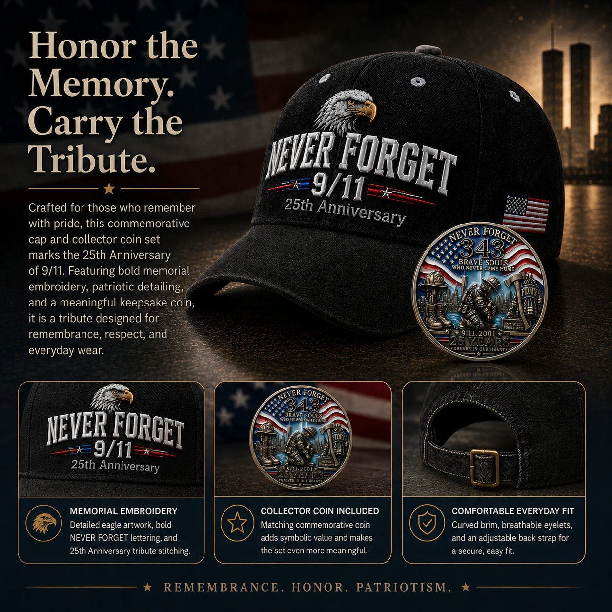 🔥49% Off Last Day -us 9/11 Never Forget 2001-2026 Honor Cap T Free Memorial Coin With Every Cap Purchase