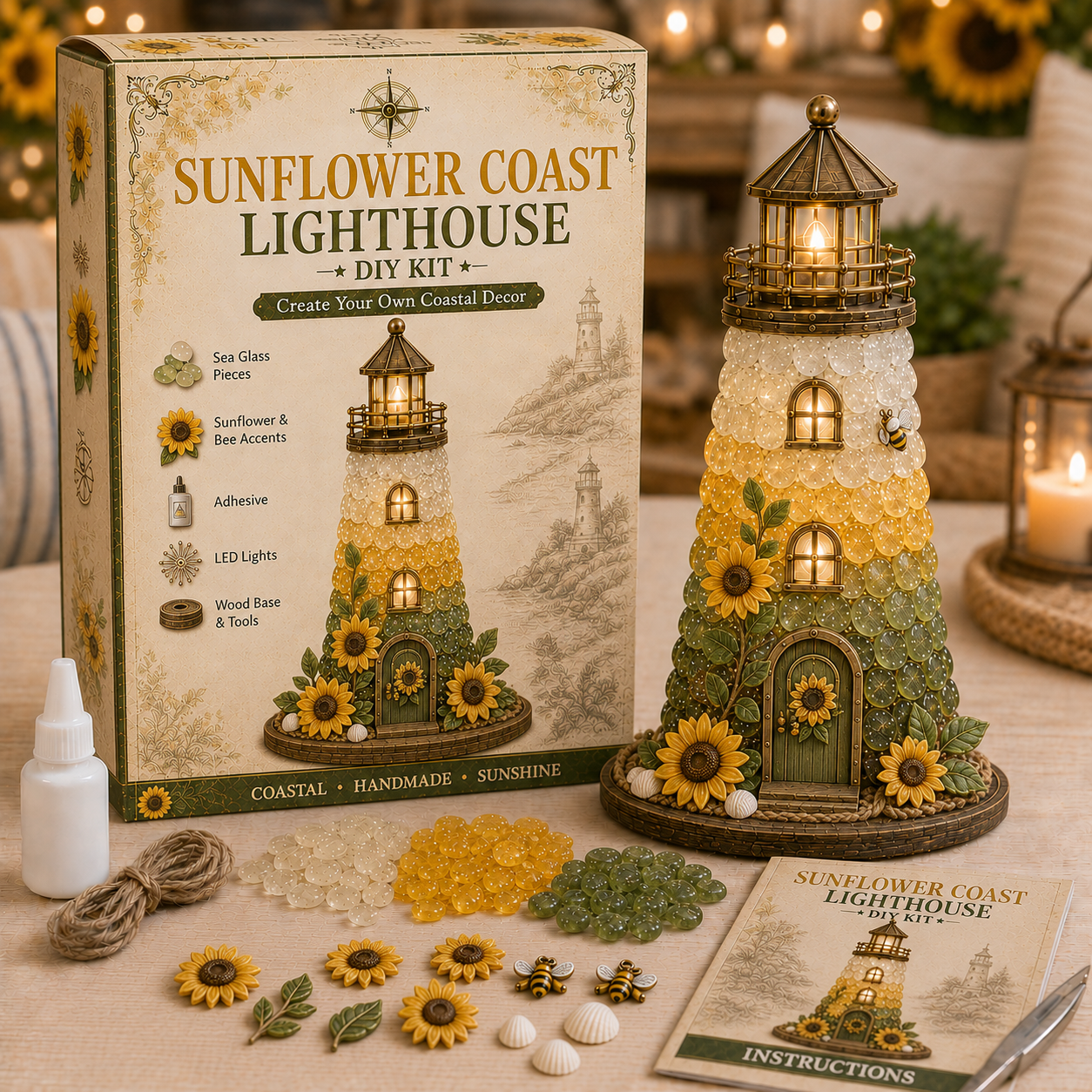 DIY Sea Glass Lighthouse Kit – Light-Up Coastal Craft & Handmade Home Decor