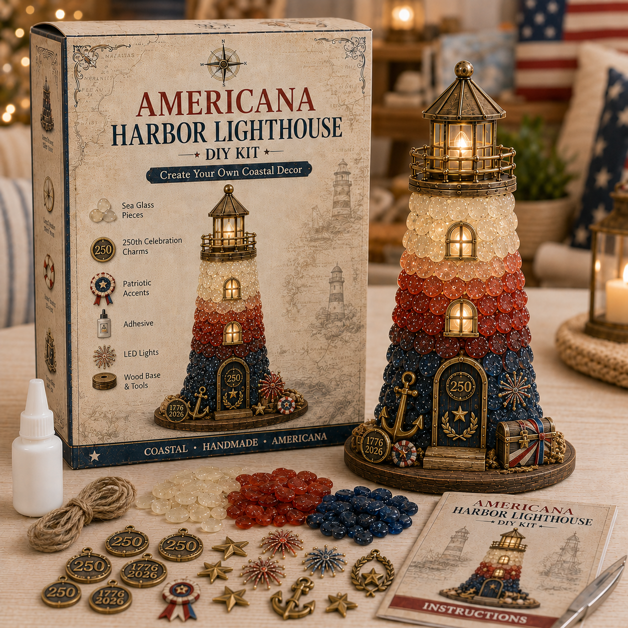 DIY Sea Glass Lighthouse Kit – Light-Up Coastal Craft & Handmade Home Decor