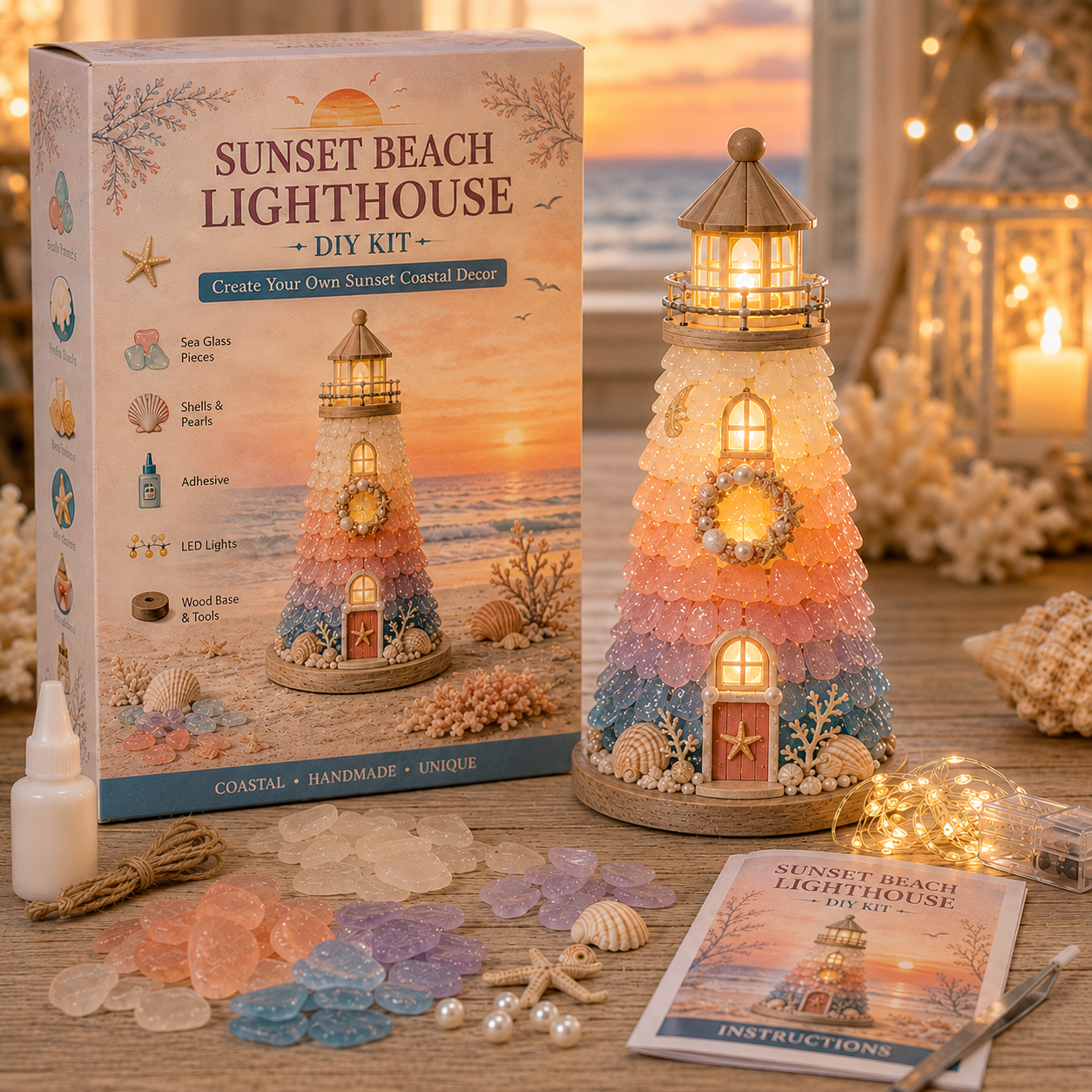 DIY Sea Glass Lighthouse Kit – Light-Up Coastal Craft & Handmade Home Decor