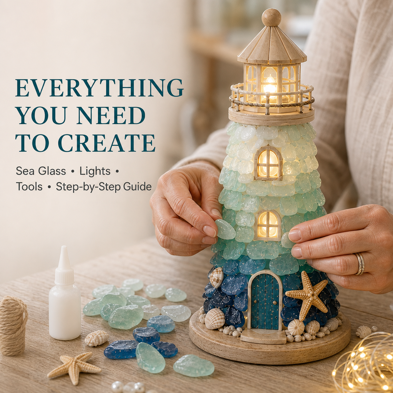 DIY Sea Glass Lighthouse Kit – Light-Up Coastal Craft & Handmade Home Decor