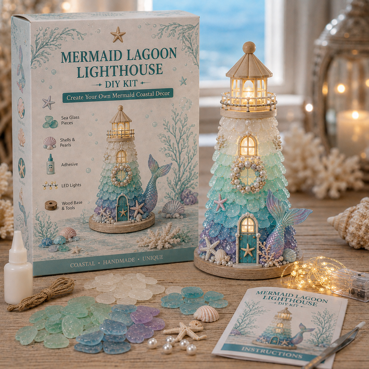 DIY Sea Glass Lighthouse Kit – Light-Up Coastal Craft & Handmade Home Decor