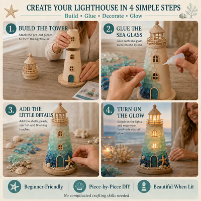 DIY Sea Glass Lighthouse Kit – Light-Up Coastal Craft & Handmade Home Decor