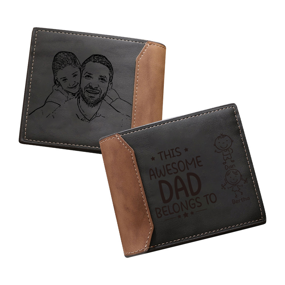 Personalized 2 Names & 1 Photo Wallet Custom Men's Leather Folding Wallet "This Awesome Dad Belongs To" Father's Day Gifts