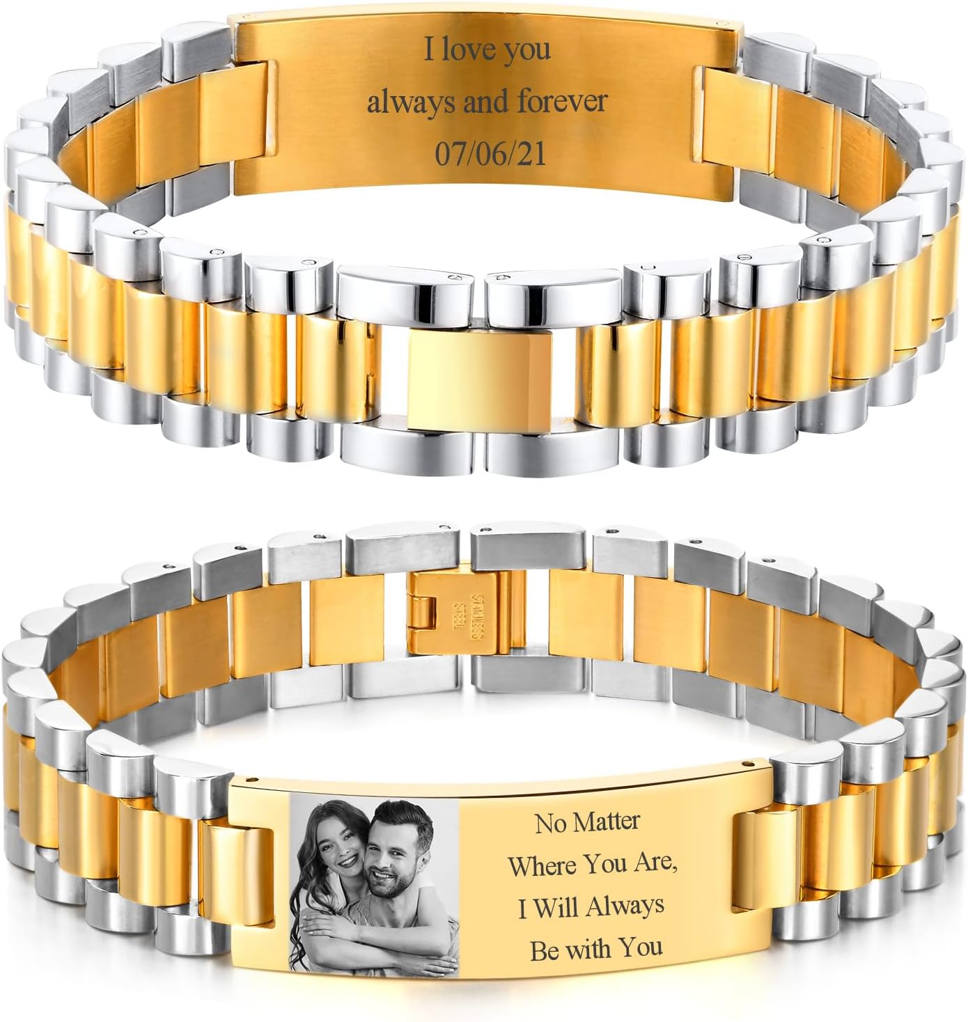 Personalized Picture Bracelet for Dad - Free Engraved Customized Photo Bracelets,Hypoallergenic Stainless Steel Adjustable Wristband,Trendy Custom Engraving Photo/Text/Name Bracelet Jewelry for Men