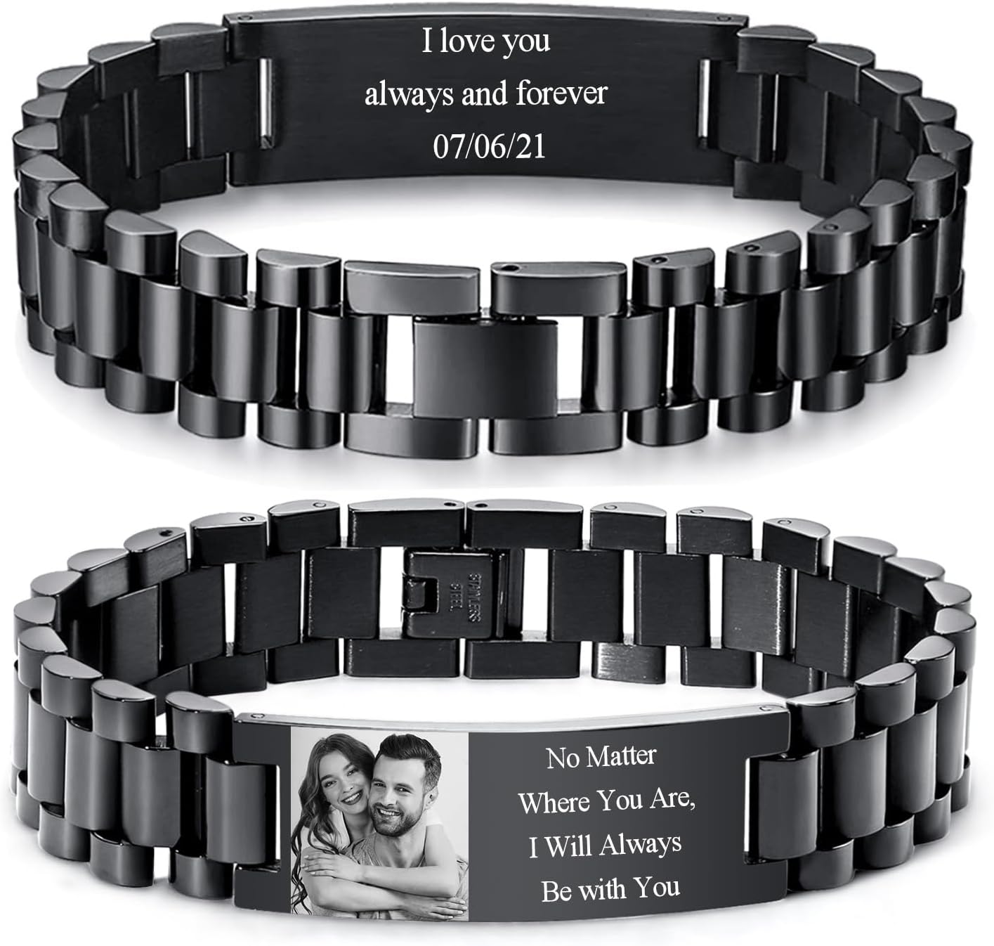 Personalized Picture Bracelet for Dad - Free Engraved Customized Photo Bracelets,Hypoallergenic Stainless Steel Adjustable Wristband,Trendy Custom Engraving Photo/Text/Name Bracelet Jewelry for Men