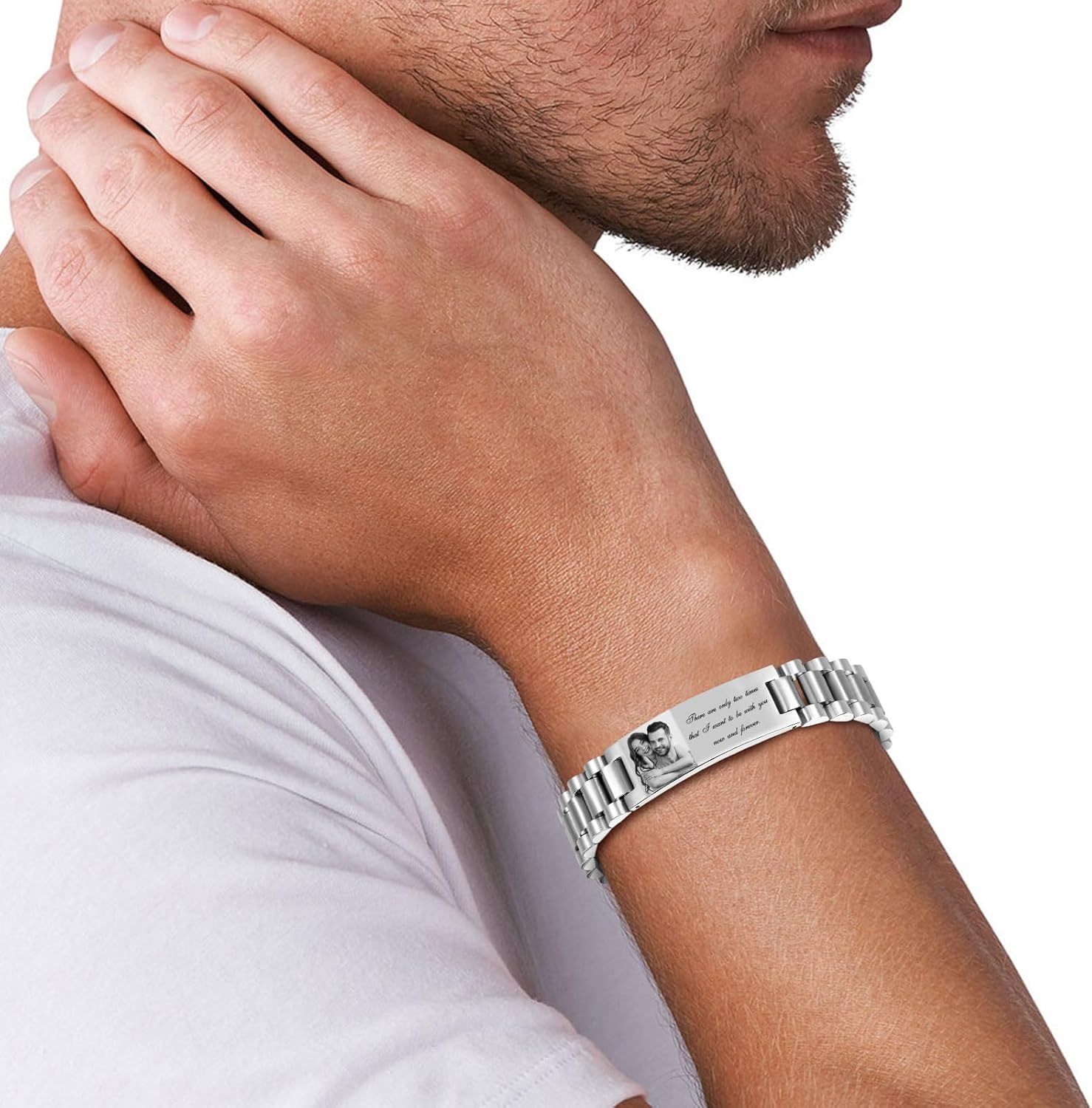 Personalized Picture Bracelet for Dad - Free Engraved Customized Photo Bracelets,Hypoallergenic Stainless Steel Adjustable Wristband,Trendy Custom Engraving Photo/Text/Name Bracelet Jewelry for Men