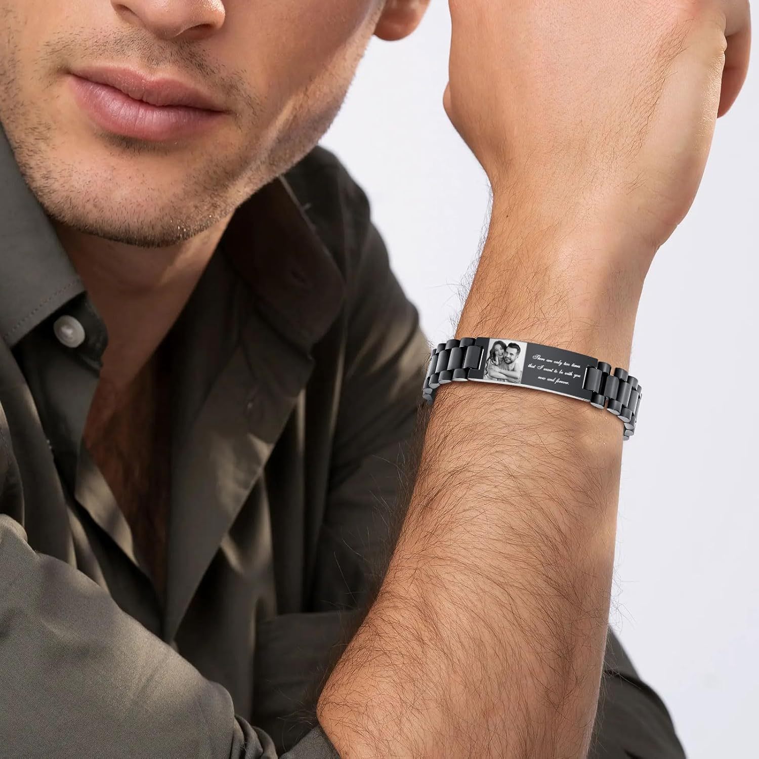 Personalized Picture Bracelet for Dad - Free Engraved Customized Photo Bracelets,Hypoallergenic Stainless Steel Adjustable Wristband,Trendy Custom Engraving Photo/Text/Name Bracelet Jewelry for Men