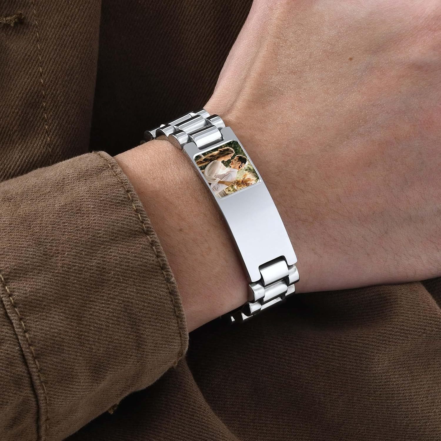 Personalized Picture Bracelet for Dad - Free Engraved Customized Photo Bracelets,Hypoallergenic Stainless Steel Adjustable Wristband,Trendy Custom Engraving Photo/Text/Name Bracelet Jewelry for Men