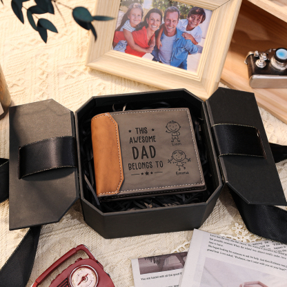 Personalized 2 Names & 1 Photo Wallet Custom Men's Leather Folding Wallet "This Awesome Dad Belongs To" Father's Day Gifts
