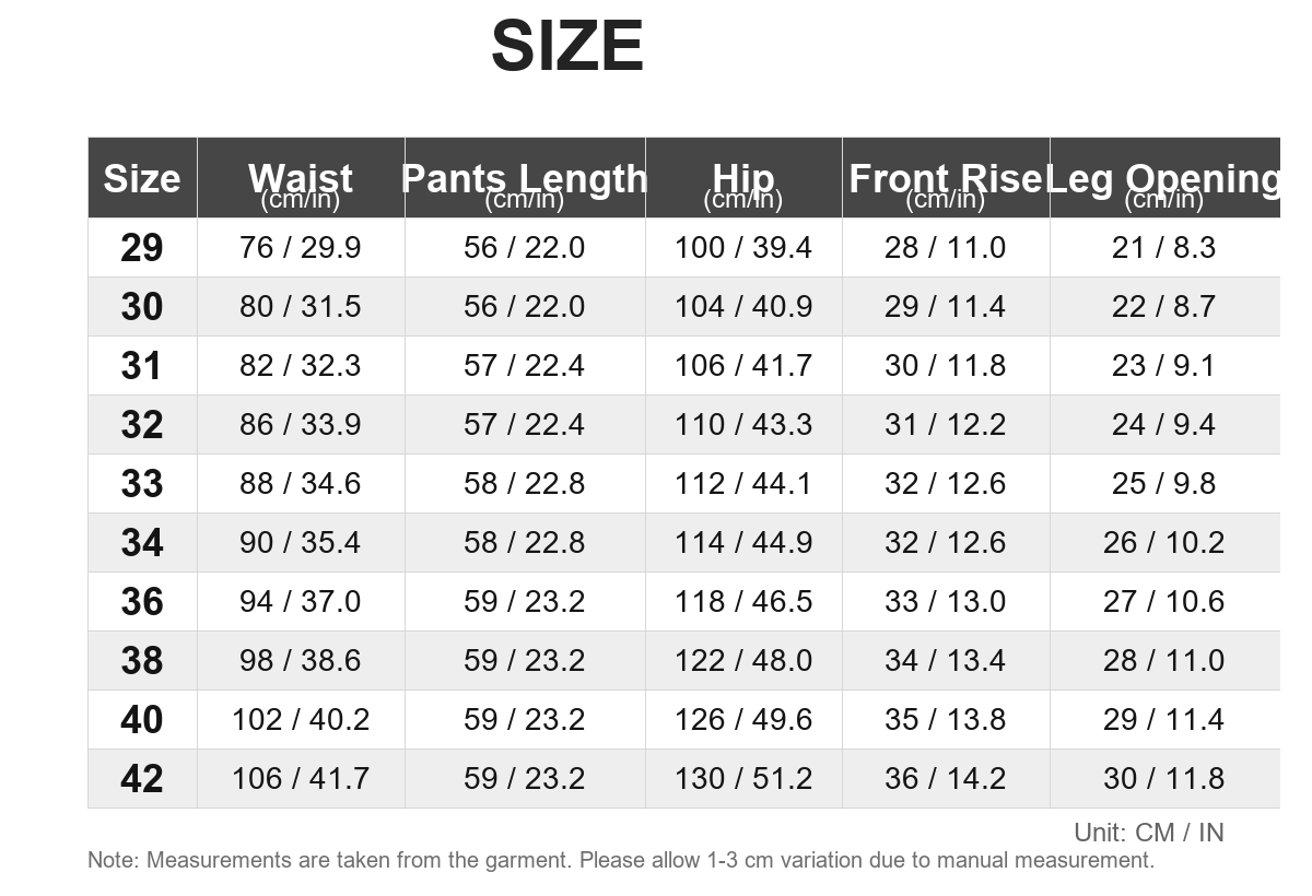 Men's 8-Pack Camouflage Casual Shorts - size chart in centimeters and inches