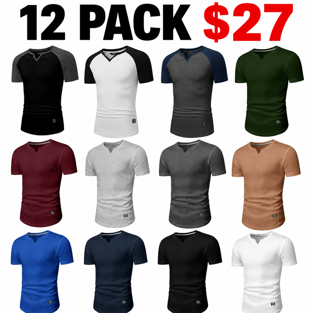 Men's 12-Pack Cotton Longline Henley V-Neck T-Shirts