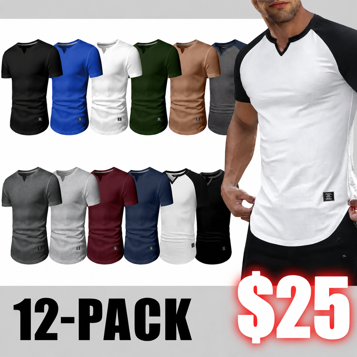 🔥Men's 12-Pack Cotton Longline Henley V-Neck T-Shirts – Jncnk