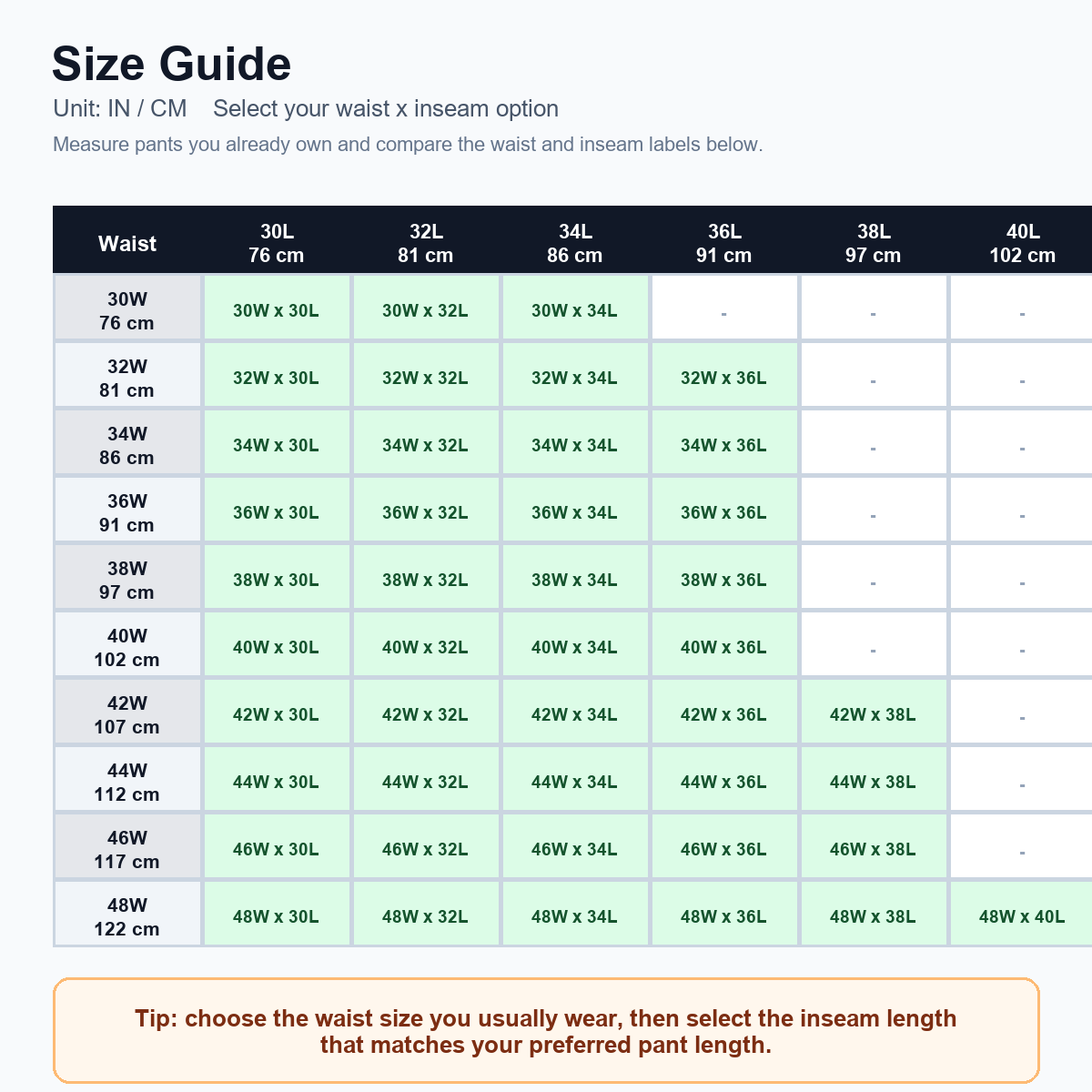 Men's 8-Pack Ripstop Work Pants - size guide matrix