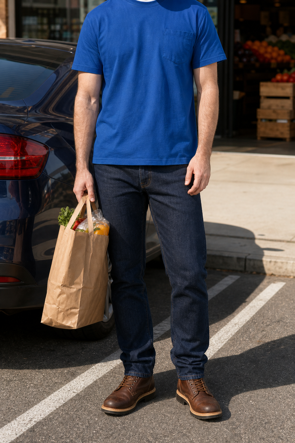 Royal blue pocket T-shirt during daily errands