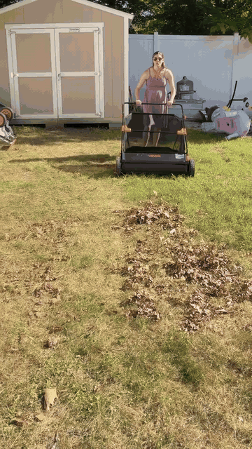Upgraded-series lawn sweeper collecting fallen leaves; demonstration size not specified
