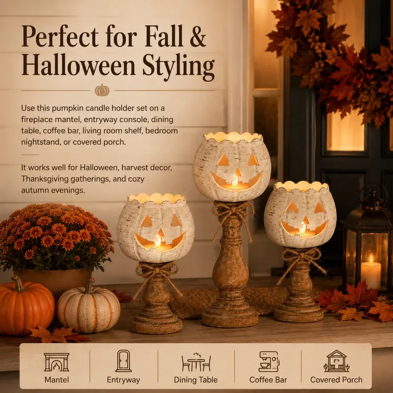 Set of 3 Rustic White Pumpkin Tealight Candle Holders