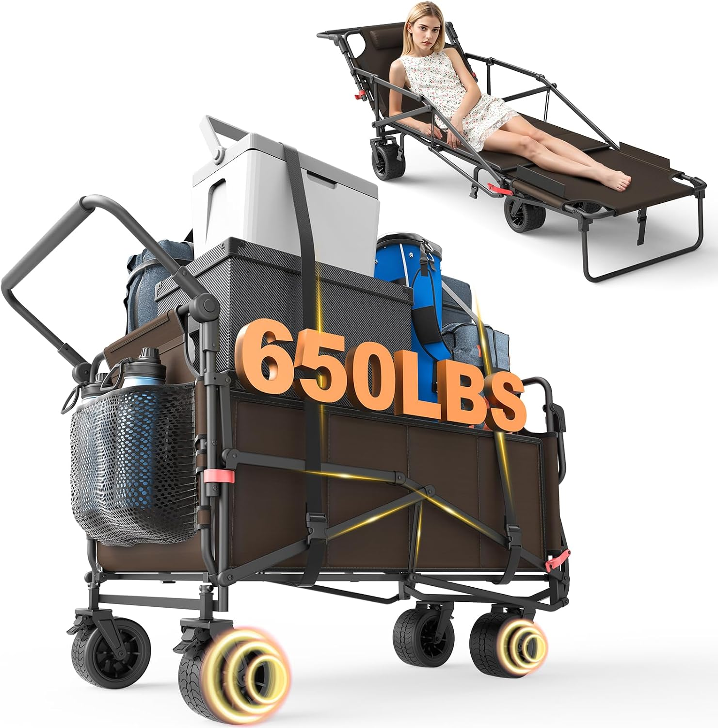 Heavy Duty Folding Wagon - 2-in-1 Collapsible Cart, All-Terrain Wheels w/Brakes & Side Pockets (Brown, 650lb Capacity)