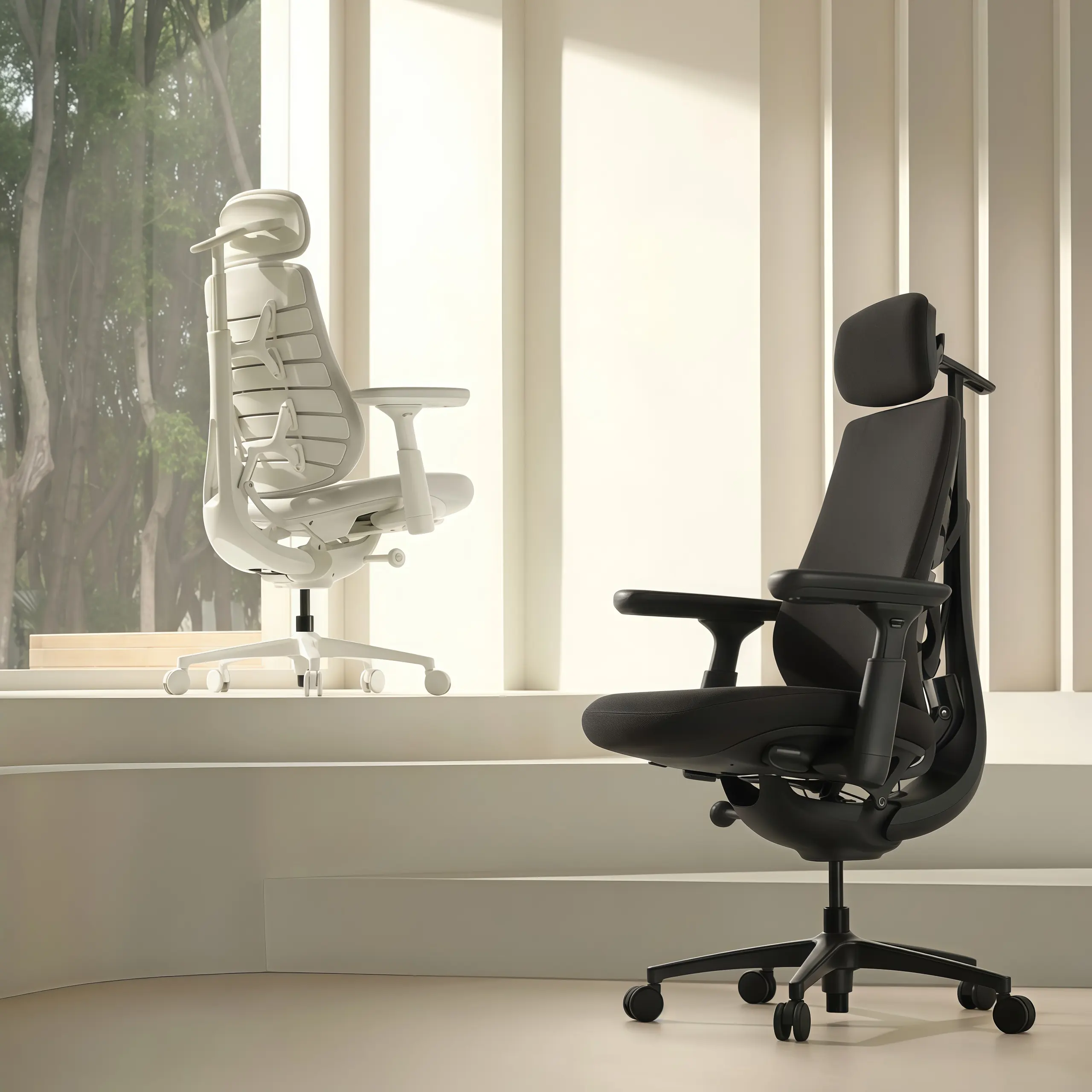 Dynamic ergonomic chair shown in light and dark finishes