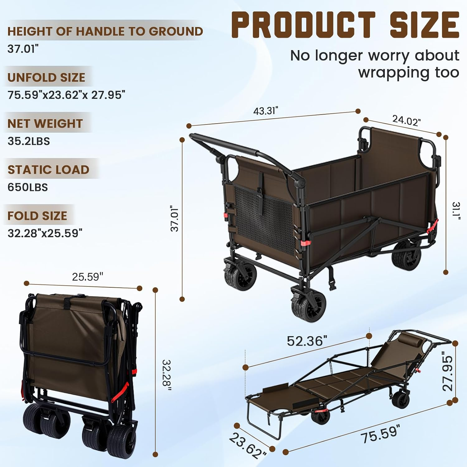 Heavy Duty Folding Wagon - 2-in-1 Collapsible Cart, All-Terrain Wheels w/Brakes & Side Pockets (Brown, 650lb Capacity)