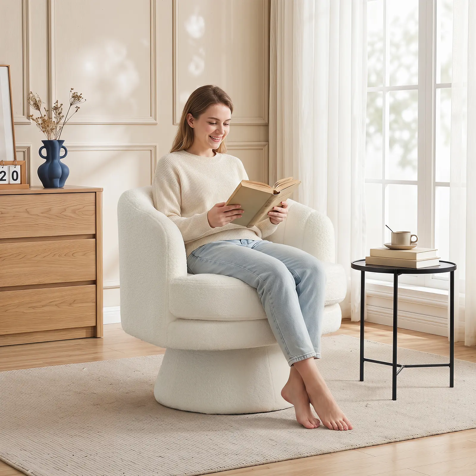Ebello Swivel Accent Chair, Beige Lambswool