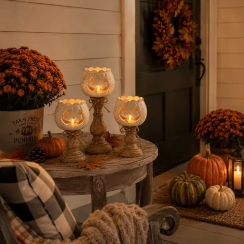 Set of 3 Rustic White Pumpkin Tealight Candle Holders