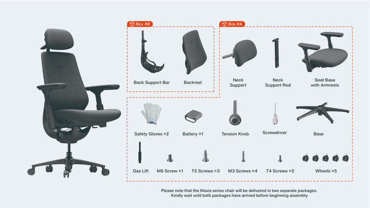 All chair parts, hardware and tools divided between two delivery boxes