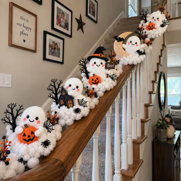 Glowing Ghost Staircase Decor | 5 Playful Halloween Characters for Railings, Mantels & Entryways